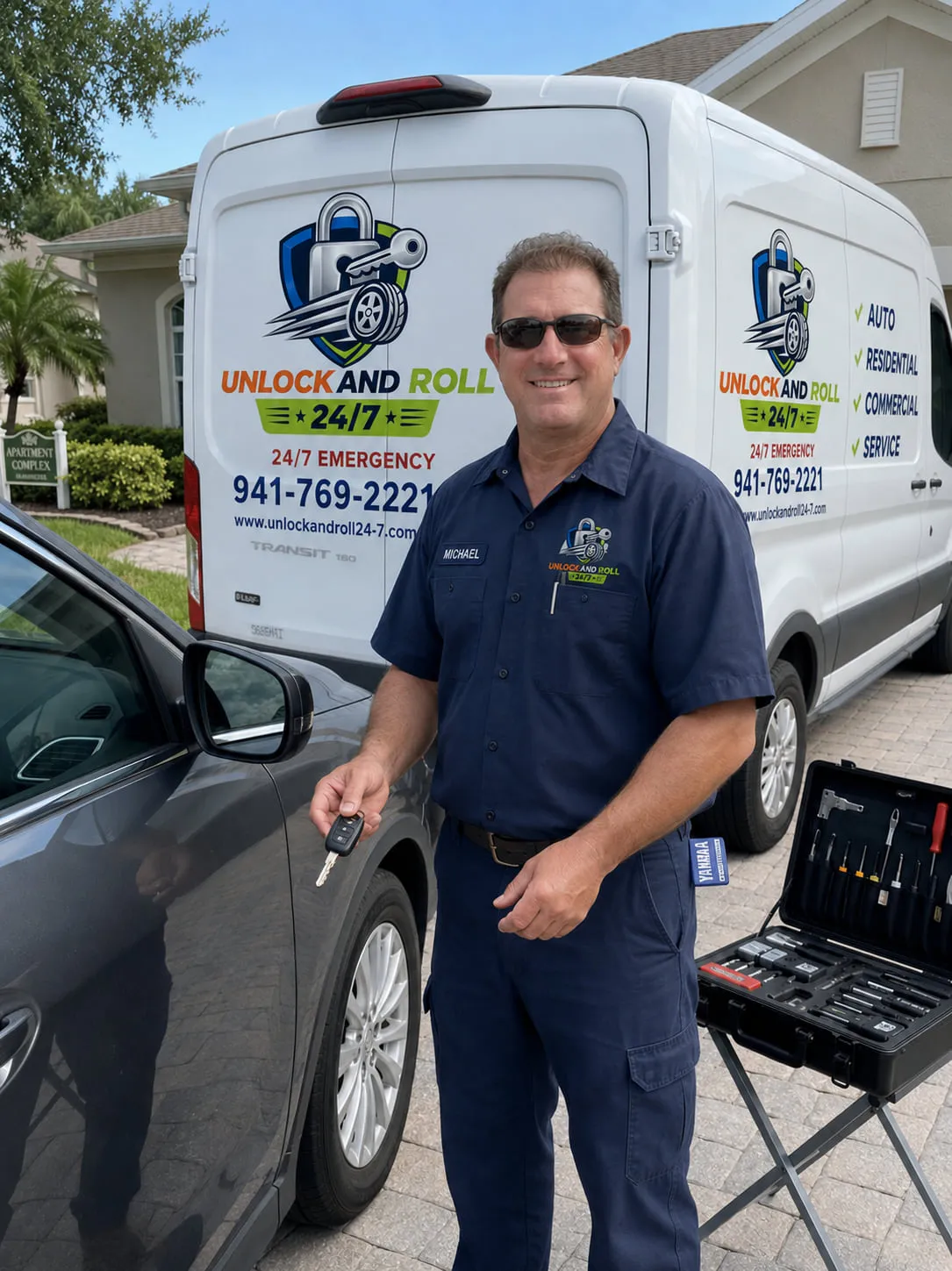 Unlock and Roll 24-7 technician Michael holding a newly cut car key beside the mobile locksmith van