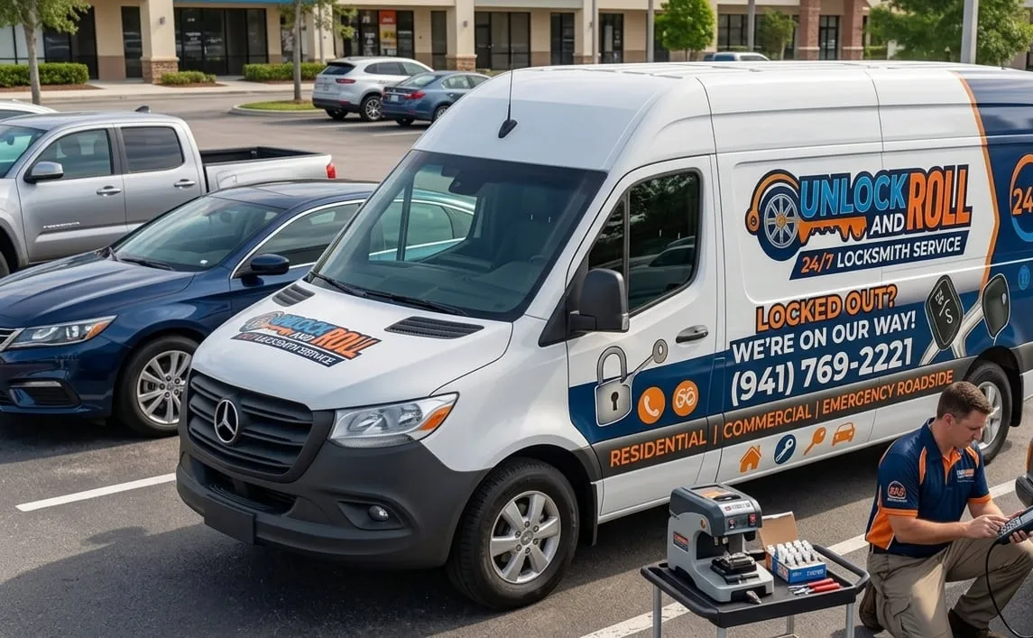 Unlock and Roll 24-7 mobile locksmith van parked at a Southwest Florida plaza while a technician cuts a key