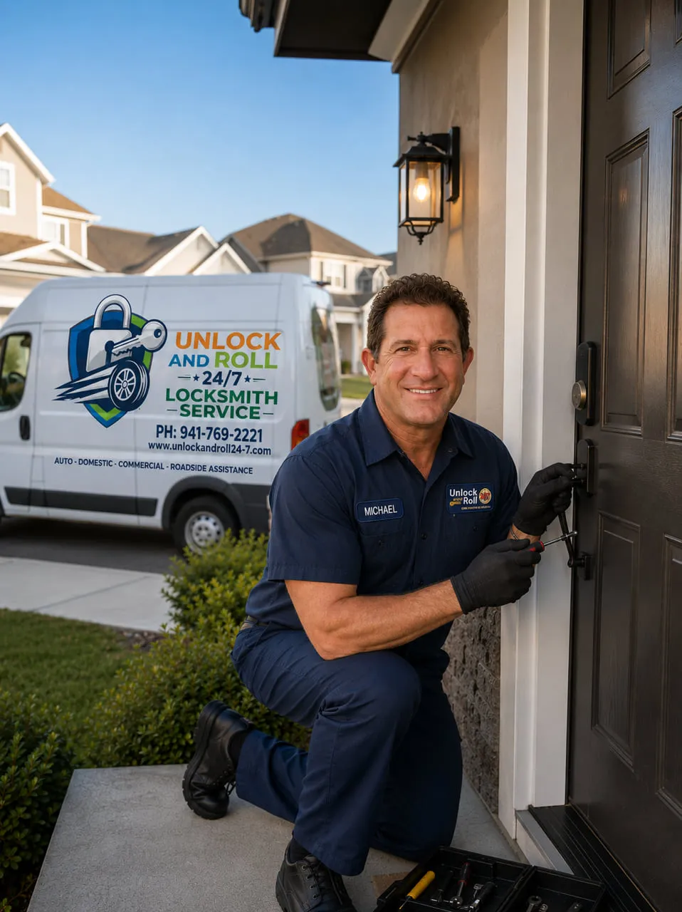 Unlock and Roll 24-7 locksmith rekeying a front door lock at a Cape Coral home with the service van behind him